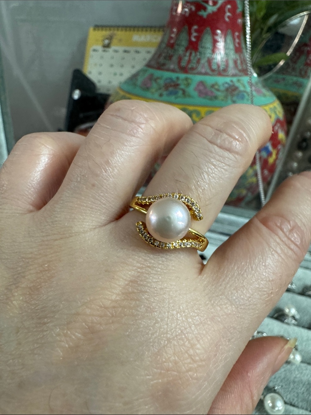 Gold Pearl Ring with Pavé Accents